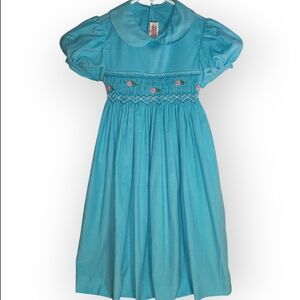Mom & Me Blue Short Sleeve Smocked Corduroy Dress Embroidered Floral Detail 3T